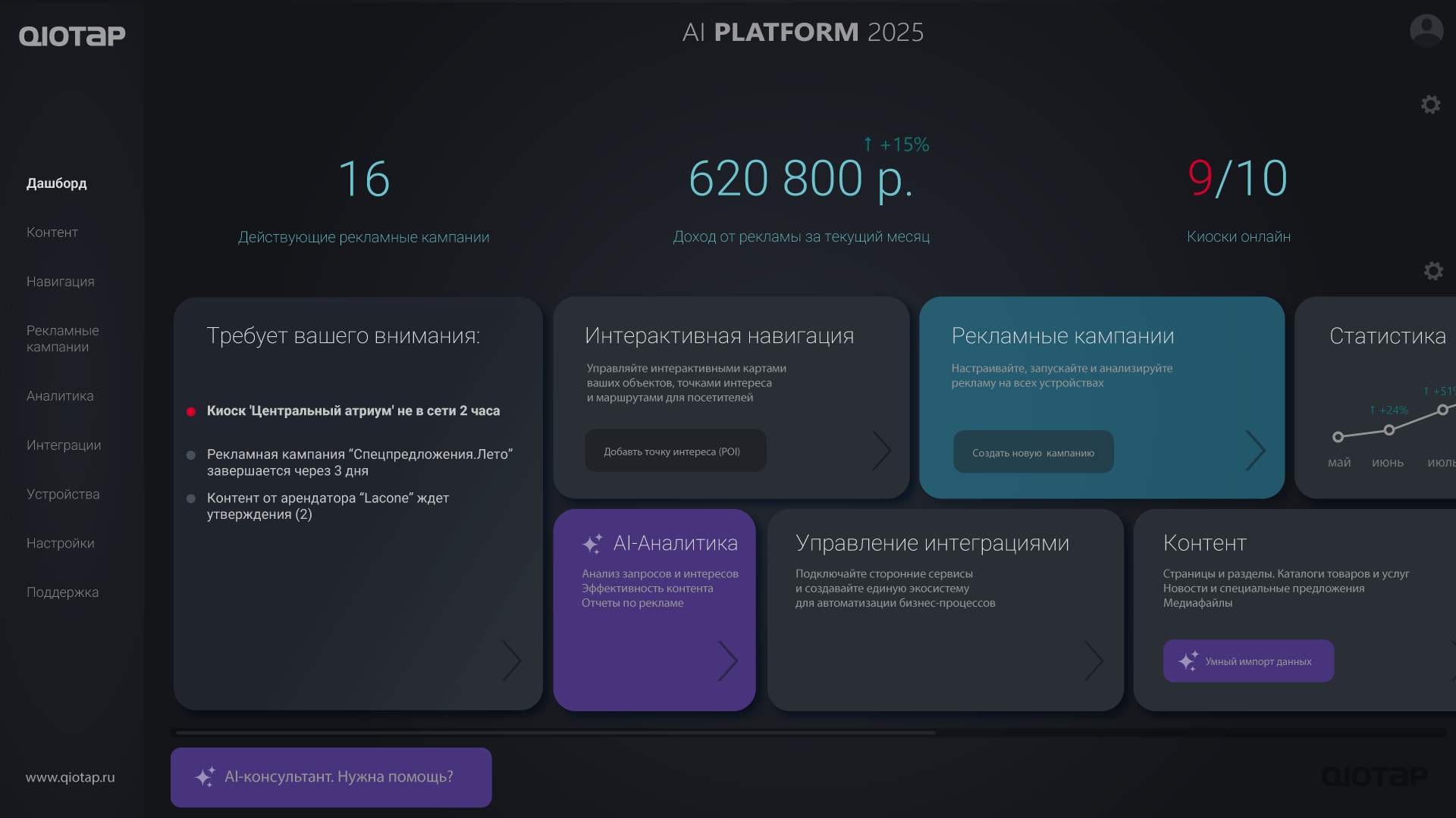 Интерфейс панели управления Qiotap